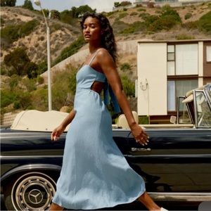 NWT REFORMATION  Starfruit Linen Dress in Parisian Blue Dusk Back Tie Straps 12